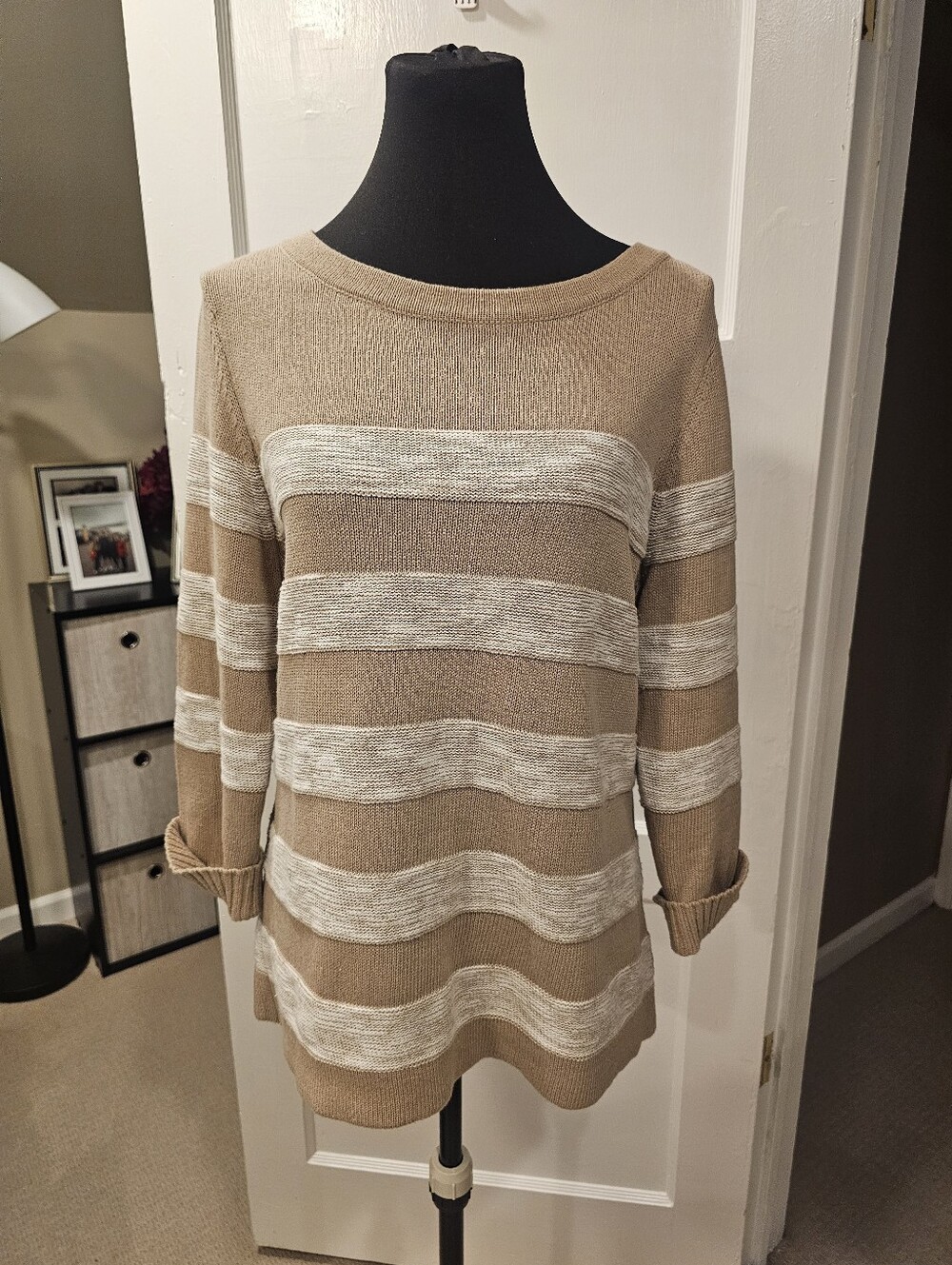 croft & barrow Beige and Cream Striped Crew Neck Sweater